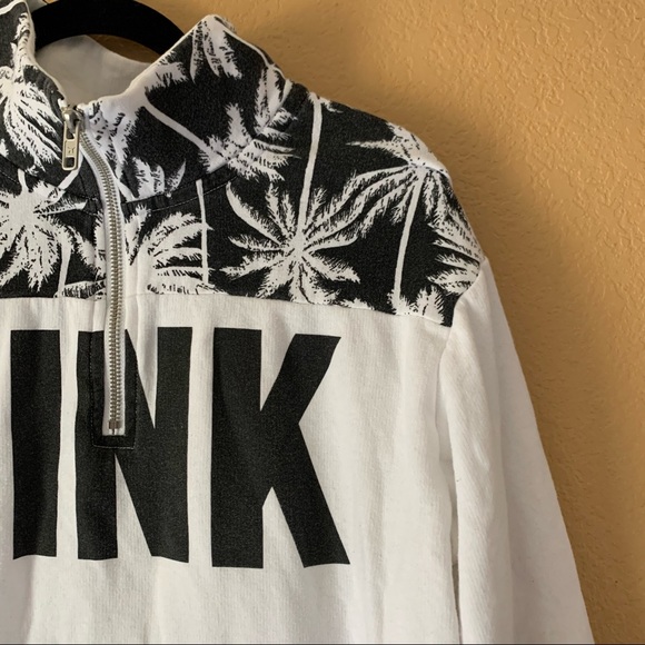 PINK Victoria’s Secret White & Black/Palm Tree 1/4 Zip Pullover - Size Small - Picture 6 of 9